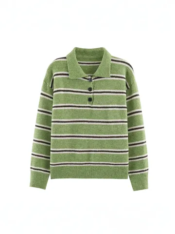 Vintage Striped Polo Collar Long Sleeve Sweater For Women Loose Fit Contrast Color Knitted Pullover Autumn Casual Top