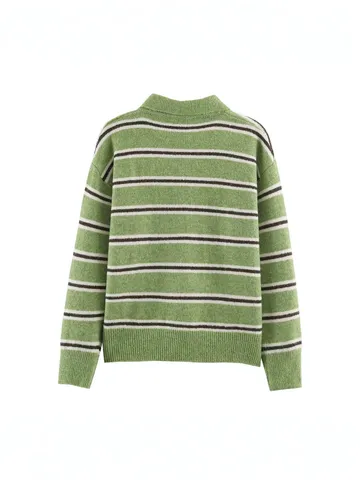 Vintage Striped Polo Collar Long Sleeve Sweater For Women Loose Fit Contrast Color Knitted Pullover Autumn Casual Top