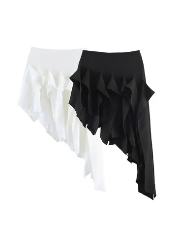 Women Elegant Irregular Ruffle Hem Midi Skirt Asymmetrical High Waist Flowy Patchwork Skirt With Sash Polyester Bottoms