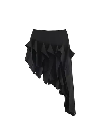 Women Elegant Irregular Ruffle Hem Midi Skirt Asymmetrical High Waist Flowy Patchwork Skirt With Sash Polyester Bottoms