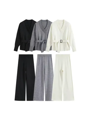Women Knit 2 Piece Set V Neck Cardigan Long Sleeve Sweater With Belt Wide Leg Pants Solid Casual Fashion Autumn Lounge Wear