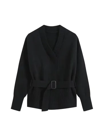 Women Knit 2 Piece Set V Neck Cardigan Long Sleeve Sweater With Belt Wide Leg Pants Solid Casual Fashion Autumn Lounge Wear