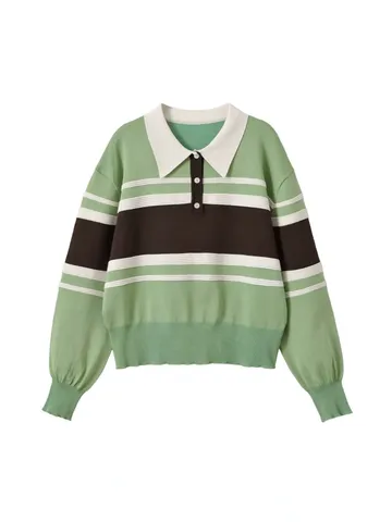 Women's Striped Polo Collar Knit Sweater Casual Contrast Color Drop Shoulder Loose Cropped Long Sleeve Pullover Top