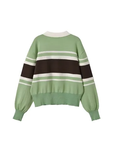 Women's Striped Polo Collar Knit Sweater Casual Contrast Color Drop Shoulder Loose Cropped Long Sleeve Pullover Top