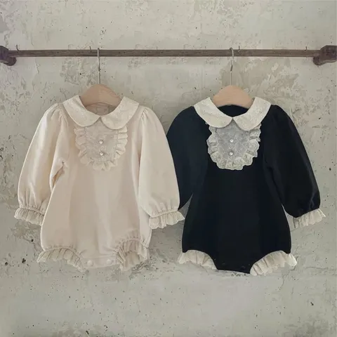 Infant Baby Girls Long Sleeve Romper French Court Style Lace Trim Turn Down Collar Pearl Button Cotton Bodysuit