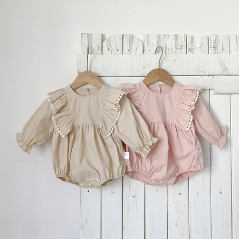 Infant Baby Girls Long Sleeve Cotton Romper Cute Ruffle Floral Jigsaw Jumpsuit Newborn Spring Fall Bodysuit Daily Infant Apparel