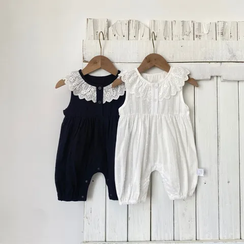Bebé Niñas Verano Puro Algodón Mameluco Dulce Cuello de Encaje Suelto Recién Nacido Infante Monos Ropa Casual Linda