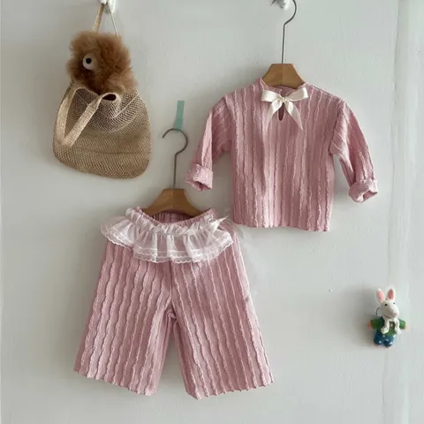 Infant Toddler Baby Girls Fall Outfit Long Sleeve Jacquard Top And Wide Leg Pants Set Cute Bow Children Clothing