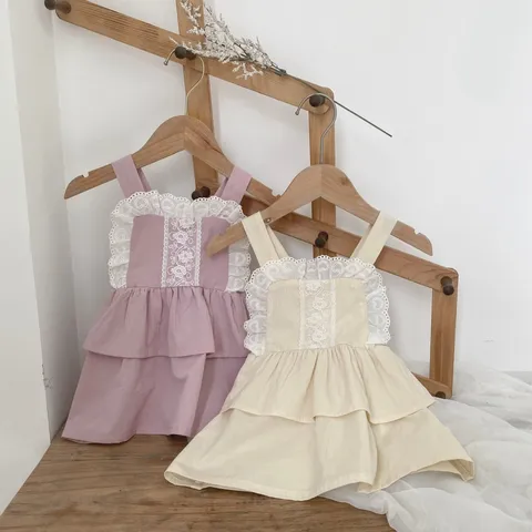 Estilo Coreano Niño Bebé Niñas Algodón Encaje Falda Escalonada Vestido con Tirantes Lindo Bordado Floral Vestido de Chaleco Princesa
