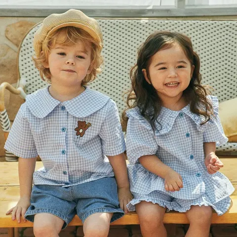 Infant Baby Summer Plaid Short Sleeve Shirt Cute Bear Embroidery Round Neck Top