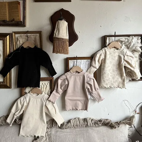 Infant Baby Girls Long Sleeve T-Shirt Korean Style Cotton Mid Neck Lettuce Edge Puff Sleeve Autumn Tops Kids Clothing