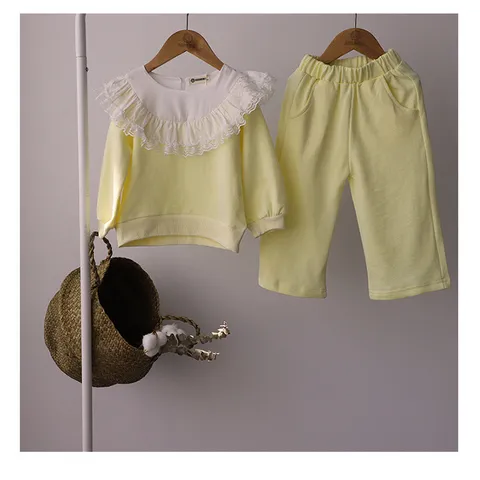 Girls Long Sleeve Cotton Sweatshirt Pants Set Toddler Fall Korean Ruffle Collar Two Piece Outfit Children Clothing