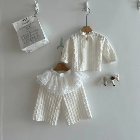 Infant Toddler Baby Girls Fall Outfit Long Sleeve Jacquard Top And Wide Leg Pants Set Cute Bow Children Clothing