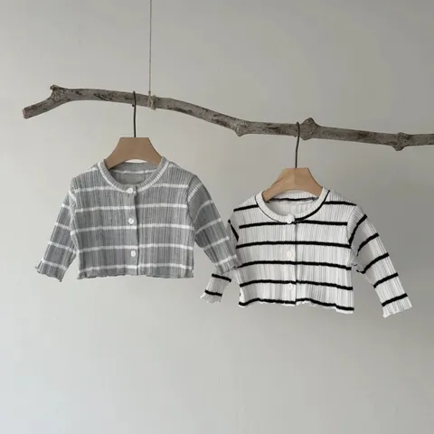 Toddler Baby Ribbed Striped Knit Cardigan Long Sleeve Cotton Button Up Outerwear Casual Sweater For Infants Boys Girls