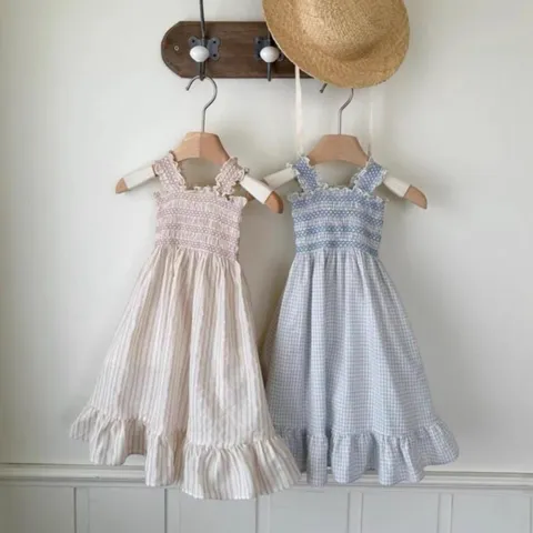 Bebé Niña Verano Delgado Vestido Mezcla Algodón Niño Pequeño Cuadros Nido de Abeja Tirantes Princesa Vestido Lindo Casual Sin Mangas Falda Larga