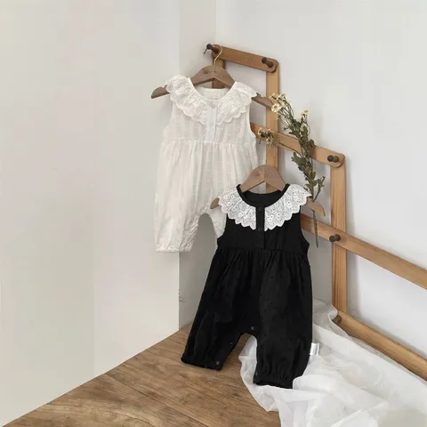 Bebé Niñas Verano Puro Algodón Mameluco Dulce Cuello de Encaje Suelto Recién Nacido Infante Monos Ropa Casual Linda