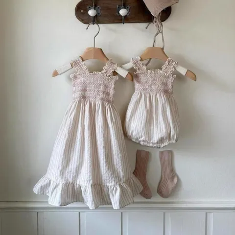 Bebé Niña Verano Delgado Vestido Mezcla Algodón Niño Pequeño Cuadros Nido de Abeja Tirantes Princesa Vestido Lindo Casual Sin Mangas Falda Larga