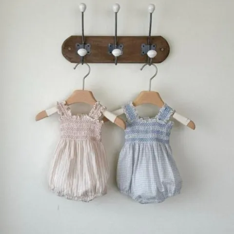 Infant Baby Girls Summer Romper Cotton Blend Plaid Stripe Smocked Strap Jumpsuit Sweet Daily Casual Crawling Clothes