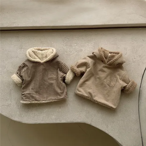 Infant Baby Winter Fleece Hooded Cardigan Coat Thickened Warm Plaid Striped Outerwear Toddler Boys Girls Thermal Jacket