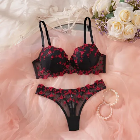 French Romantic Polyester Embroidered Lingerie Set Floral Lace Sheer Bra And Panties Top And Bottom For Women Dating Everyday