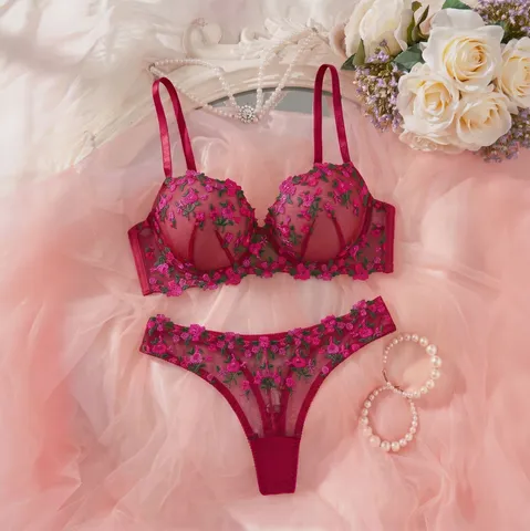 French Romantic Polyester Embroidered Lingerie Set Floral Lace Sheer Bra And Panties Top And Bottom For Women Dating Everyday