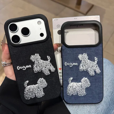 Premium Embroidered Cartoon Dog TPU Leather Denim Phone Case Anti Drop Protective Back Cover For iPhone 16 15 14 13 Pro Max