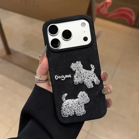 Premium Embroidered Cartoon Dog TPU Leather Denim Phone Case Anti Drop Protective Back Cover For iPhone 16 15 14 13 Pro Max