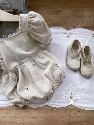 Infant Baby Girls Summer Cotton Romper Cute Bubble Sleeve Floral Embroidered Bodysuit Newborn Toddler Clothes