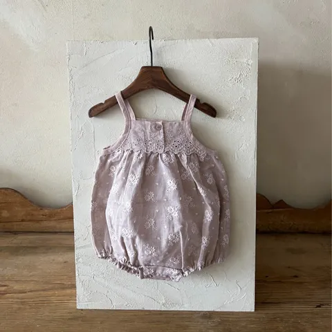 Baby Girls Summer Vintage Full Embroidery Woven Pure Cotton Strap Romper Infant Cute Floral Triangle Bodysuit