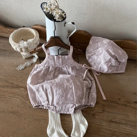 Baby Girls Summer Vintage Full Embroidery Woven Pure Cotton Strap Romper Infant Cute Floral Triangle Bodysuit