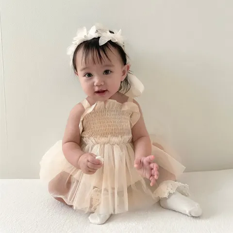 Infant Baby Girls Summer Romper Cotton Mesh Ruffle Strap Princess Dress Toddler Cute Bodysuit Casual