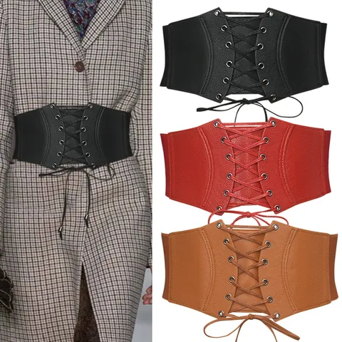 Damen Mode Breiter Korsett Gürtel Schnürung Schleife Elastischer Taillengürtel Kunstleder Taillenformer Kleid Accessoires