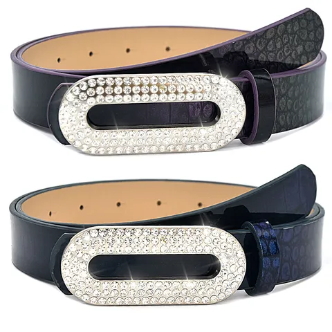 Women Wide Fashion Belt PU Leather Crocodile Pattern Rhinestone Oval Metal Buckle Elegant Casual Dress Belt