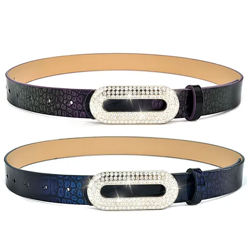 Women Wide Fashion Belt PU Leather Crocodile Pattern Rhinestone Oval Metal Buckle Elegant Casual Dress Belt