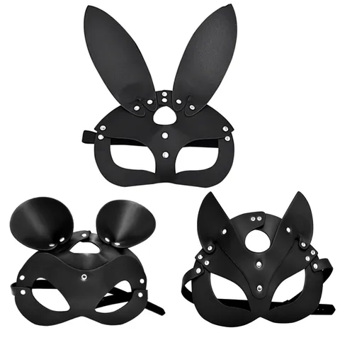 Masque d'Animal en Similicuir Cosplay Punk Rivet Chat Lapin Masque Noir Masque de Fête pour Femmes Hommes Costume de Jeu de Rôle