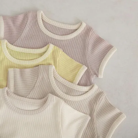 Infant Baby Cotton Ribbed Color-Block Short Sleeve Romper And Big PP Shorts Summer Newborn Bodysuit Outfit Set