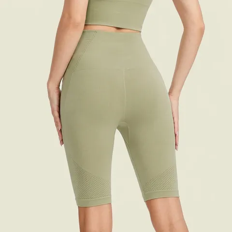 Short de Fitness Sans Couture à Taille Haute pour Femmes Texture Maille Patchwork Élastique Bas Ventre Plat Galbe des Fesses Yoga Short de Cycliste