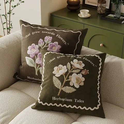 Vintage Botanical Floral Digital Printed Plush Pillow Cover Luxury Retro English Letters Square Throw Cushion Case For Sofa Bedside Home Decor