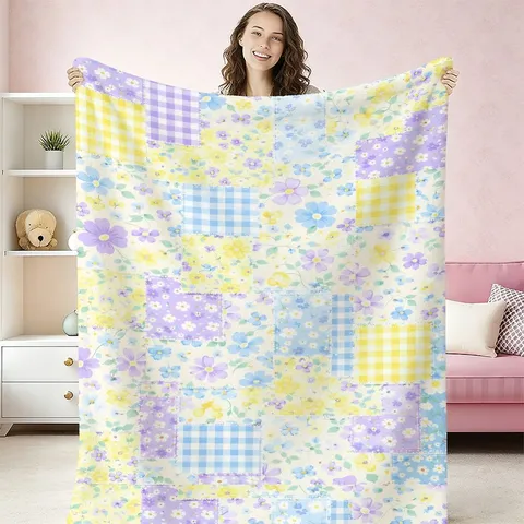 Ποιμενική Φλοράλ Patchwork Φανελένια Κουβέρτα Ζεστή Στυλ Ins Μαλακή Ζεστή Κουβέρτα Fleece για Κρεβατοκάμαρα Καναπέ Αυτοκίνητο Γραφείο