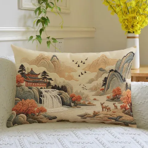Traditional Chinese Landscape Painting Long Decorative Throw Pillow Plush Ancient Architecture Sofa Bolster Cushion For Living Room Decor