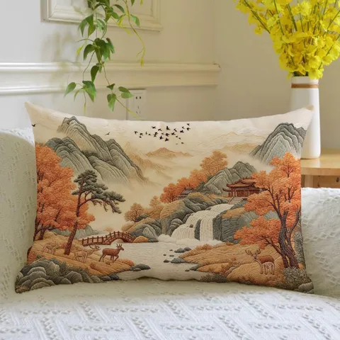 Traditional Chinese Landscape Painting Long Decorative Throw Pillow Plush Ancient Architecture Sofa Bolster Cushion For Living Room Decor