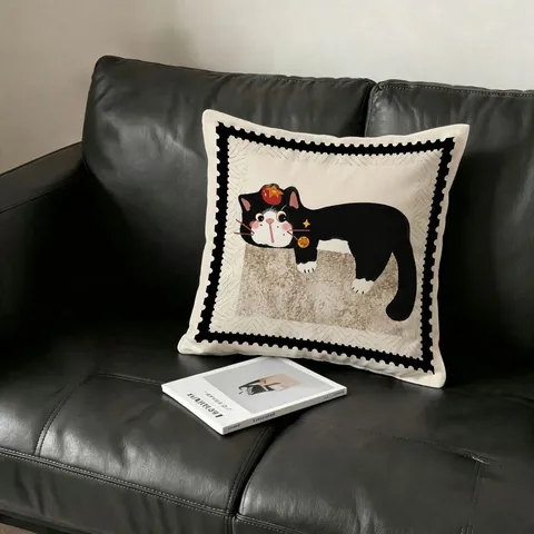 American Cartoon Geometric Cat Throw Pillow Plush Three Cat Friends Cushion Cover Sofa Decorative Backrest For Living Room Bedroom Office Home Decor
