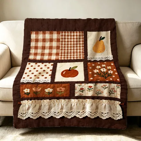 Retro Maillard Patchwork Printed Flannel Blanket Cute Grid Floral Soft Fleece Throw For Sofa Bed Office Nap Travel Blanket
