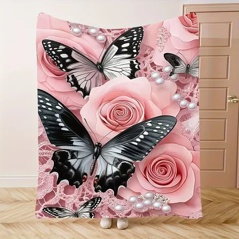 Dreamy Purple Rose Butterfly Printed Flannel Blanket Warm Soft Fleece Throw For Bedroom Sofa Couch Nap Girly Floral Decor Blanket