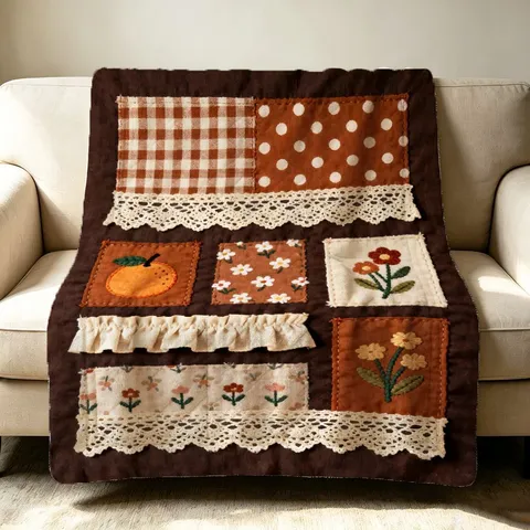 Retro Maillard Patchwork Printed Flannel Blanket Cute Grid Floral Soft Fleece Throw For Sofa Bed Office Nap Travel Blanket