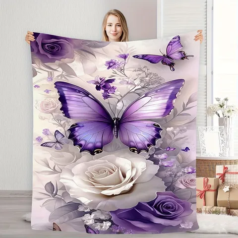 Dreamy Purple Rose Butterfly Printed Flannel Blanket Warm Soft Fleece Throw For Bedroom Sofa Couch Nap Girly Floral Decor Blanket