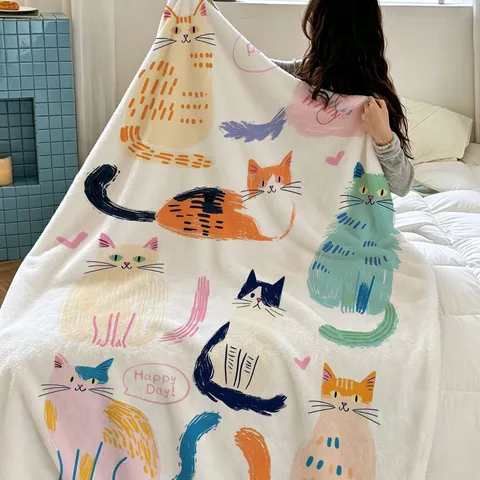 Schattige Kat Cartoon Print Flannellen Deken Polyester Zachte Lichtgewicht Dekbed Voor Bank Kantoor Bed Slaap Deken Zomer Airconditioning Deken Cadeau