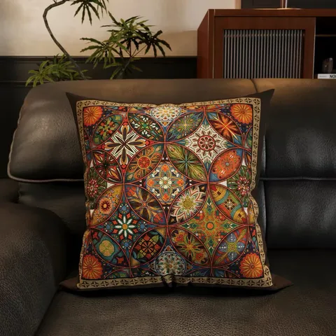 Amerikanischer Retro Geometrischer Mandala Plüsch Kissen Mit Inlay Quadratischer Kissenbezug Für Sofa Wohnzimmer Büro Rückenlehne Dekokissen