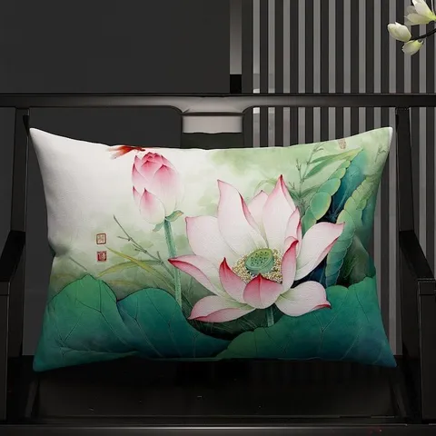 New Chinese Style Lotus Lumbar Pillow Case Retro Ink Wash Painting Plush Throw Pillow Cover For Sofa Chair Office Home Decor