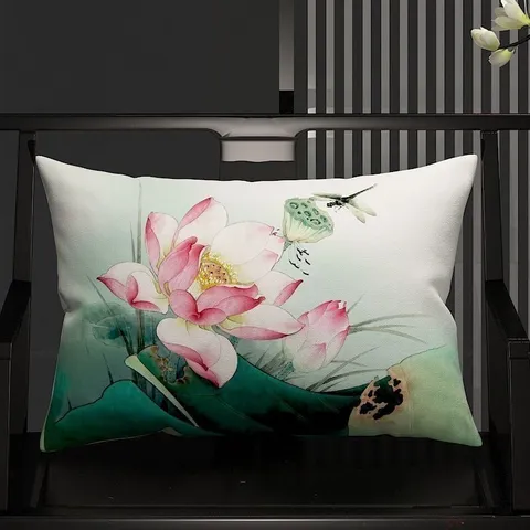 New Chinese Style Lotus Lumbar Pillow Case Retro Ink Wash Painting Plush Throw Pillow Cover For Sofa Chair Office Home Decor